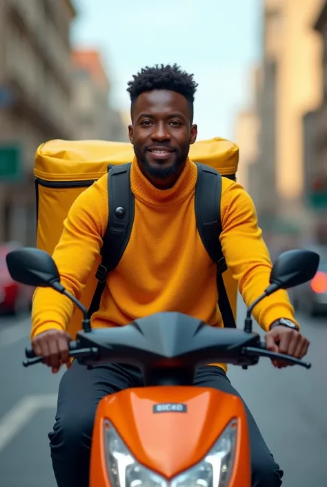 Un agent de livraison africain habillé en tricot shirt jaune orangé  avec un sac de livraison jaune  dos sur une scooter 