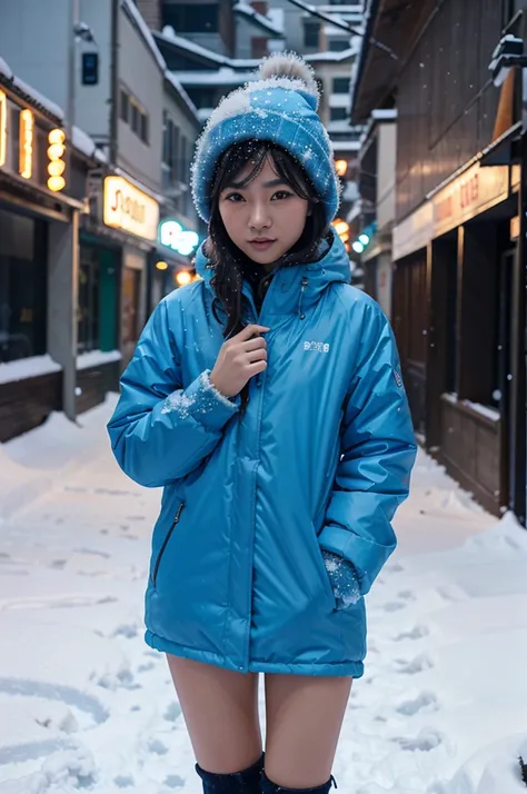 8k Beautiful Asian woman in blue winter clothes, in the snow surrounding her body, with a neon color behind