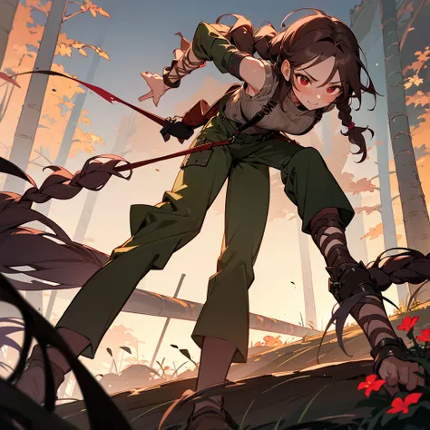 1female, sexy, young adult, finely detailed red eyes, wild long hair, braided hair, dark brown color hair, adventurer gear, suspenders, sleeveless crop top sweater, baggy combat pants, night time, dark forest, excited expression, flowers, blushing, standin...