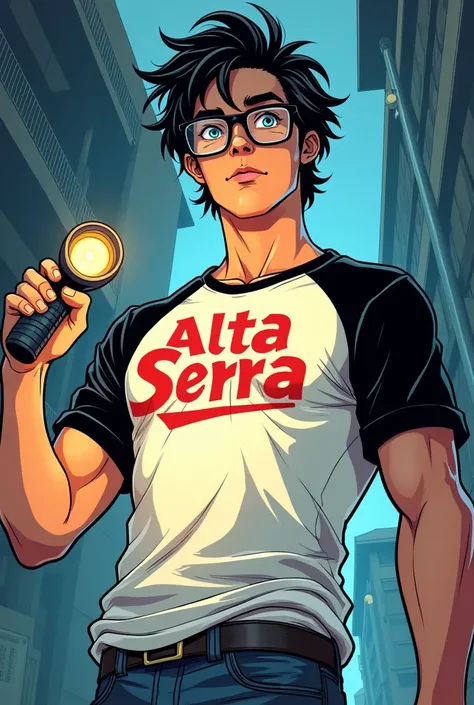 Comic book style image, Man 20 years old, medium messy black hair with blue eyes wearing glasses, defined body with a white shirt with black sleeves with Alto Da Serra written in red, holding a flashlight in his hand, de corpo inteiro