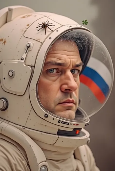 able, an astronaut happy brutal man in a closed helmet made of tinted dirty broken glass with reflection on the glass, steam and smoke close-up, clover leaves and a spider on it, science fiction dystopia - the flag of Russia, very detailed, high contrast, ...