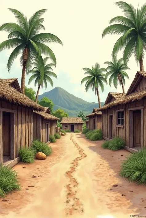 Drawing of a dirt street with wooden houses like in indigenous villages in Mexico and palm trees around it, not difficult to draw 
