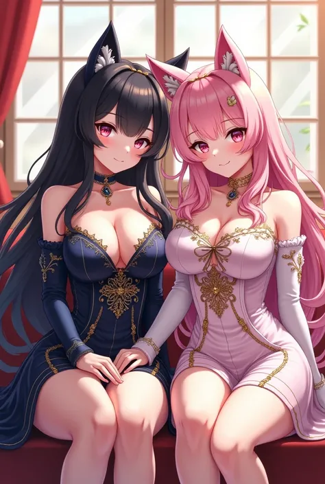 model with long wavy black hair, With her friend, light pink hair, full body view, beautiful sweet outfit, big boobs, , big boobs, with cat ears, sitting 