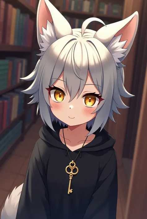 anime, human boy, gray fur, fox ears, yellow eyes, black clothes, Pendant with a little key, medium height, library background 