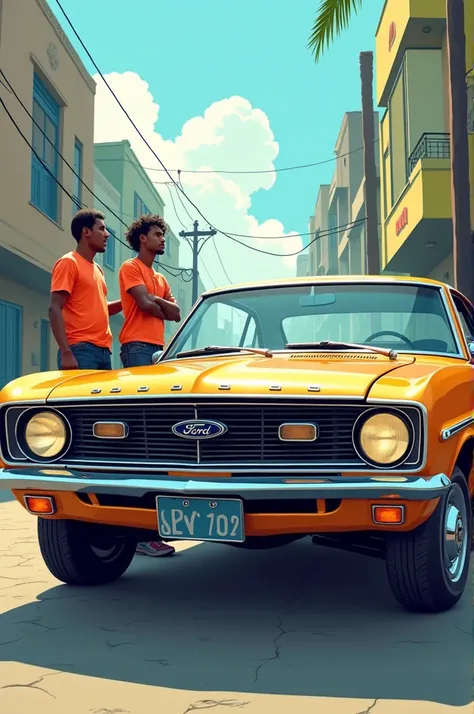 Cartoon Ford Maverick fully visible with a 2 white-skinned man leaning against the side of it in the city of São Paulo