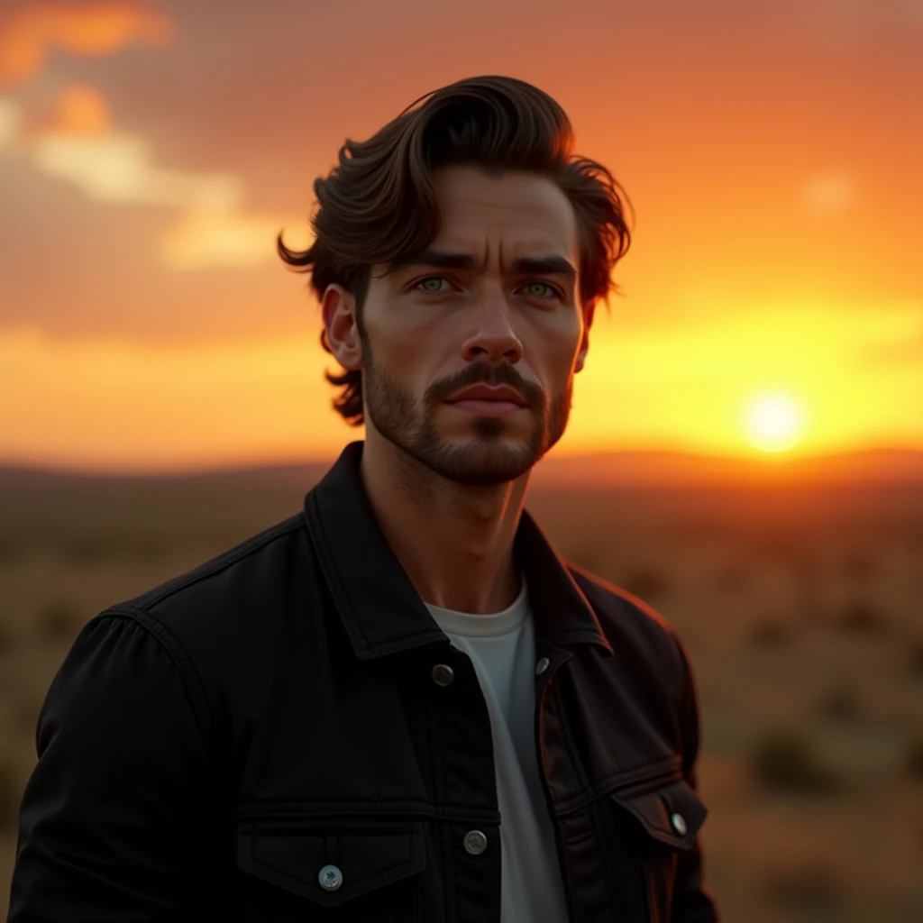 Young man with little beard on his face, medium hair, greeneyes, Black jacke, sunset in texas united states 