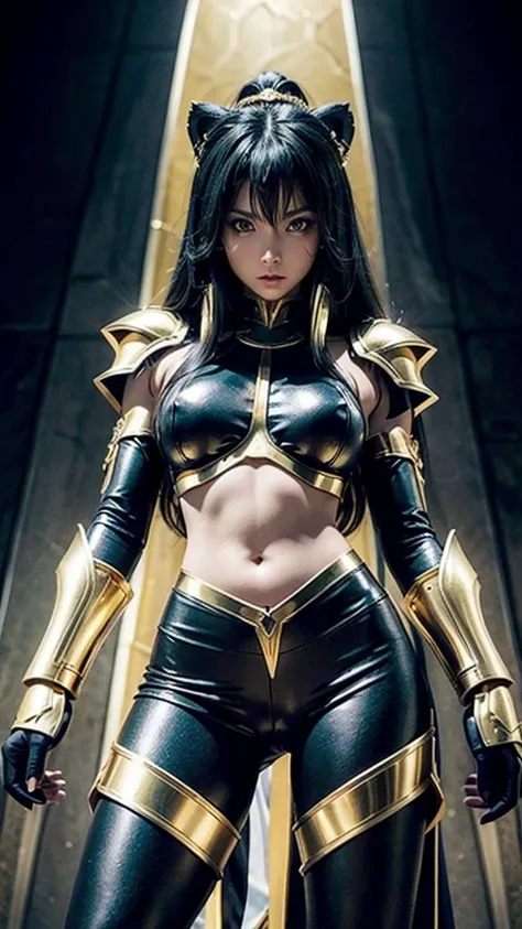 work of art, high resolution,best qualityer, Girl dressed in the golden armor of Sagittarius, from the knights of the zodiac saint seiya, Knights of the Zodiac, black hair, blue colored eyes, leggings sexy preta, golden armour, Sagittarius, Virgem, Lion , ...