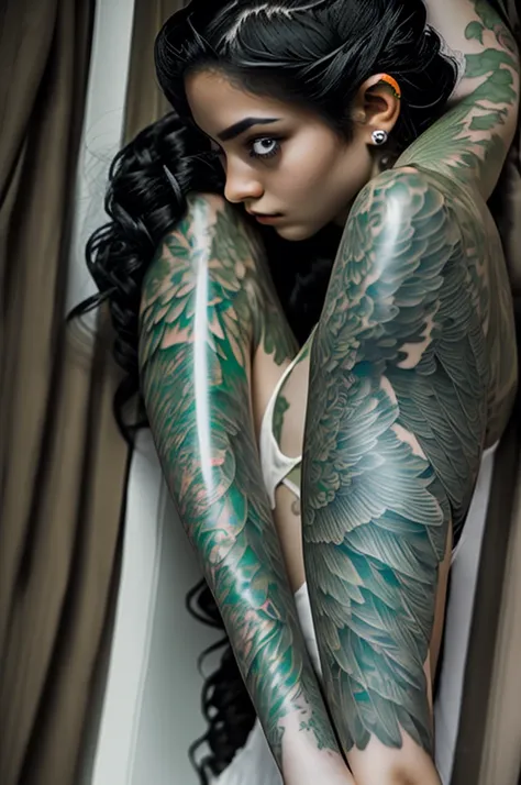 black haired, green eyed fairy with green wings and magical tattoos on her left arm