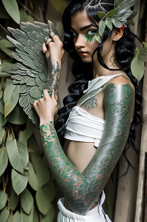 black haired, green eyed fairy with green wings and magical tattoos on her left arm