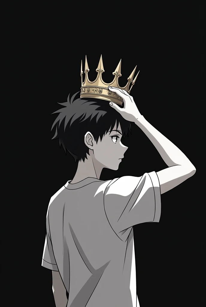 A simple guy but without a beard anime black and white style who takes off his crown on a black background Medium-sized crown looking back