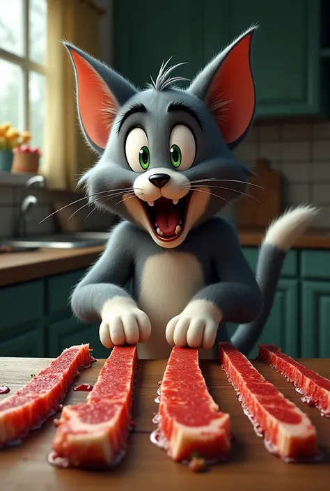 Tom (from Tom and Jerry) cat cutting his own long tail into slices, shocked expression, realistic, long sliced tail, long sliced tail on the counter, mutilated tail