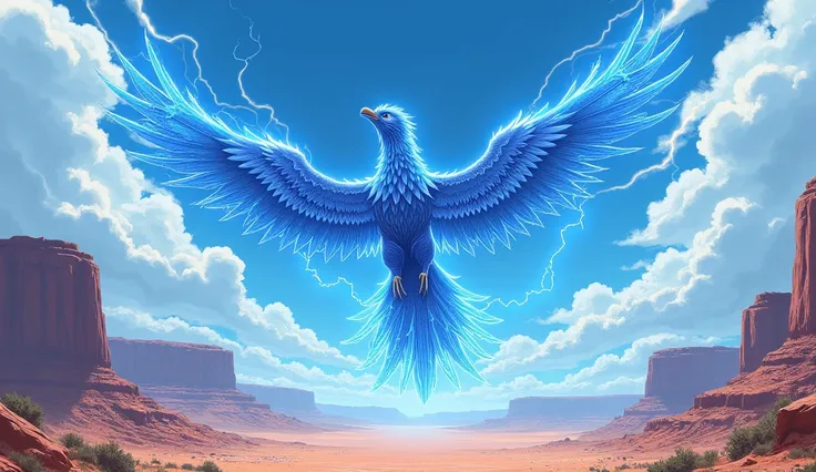 A blue phoenix made of lightning crossing the skies in an arid valley, squawk, anime screencap, (best quality, highly detailed, masterpiece, UHD:1.3)