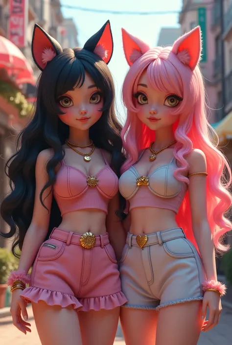 model with long wavy black hair, With her friend, light pink hair, full body view, sweet outfit, big boobs,  with cat ears