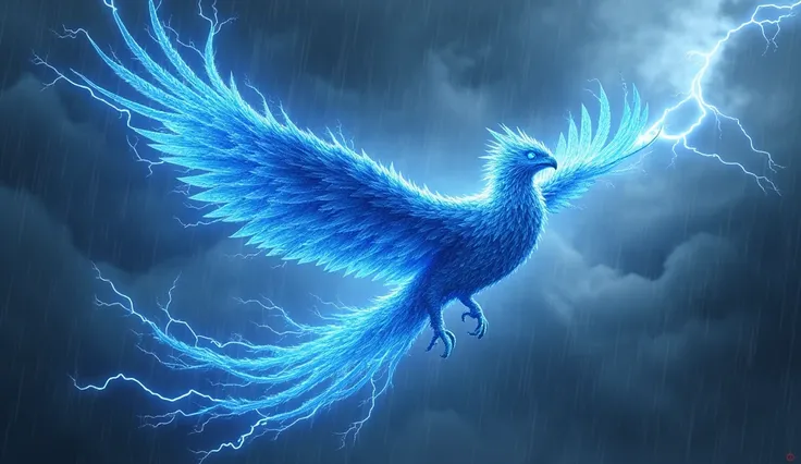 A blue phoenix made of lightning flying from left to right through the skies in a stormy background, (best quality, highly detailed, masterpiece, UHD:1.3)
