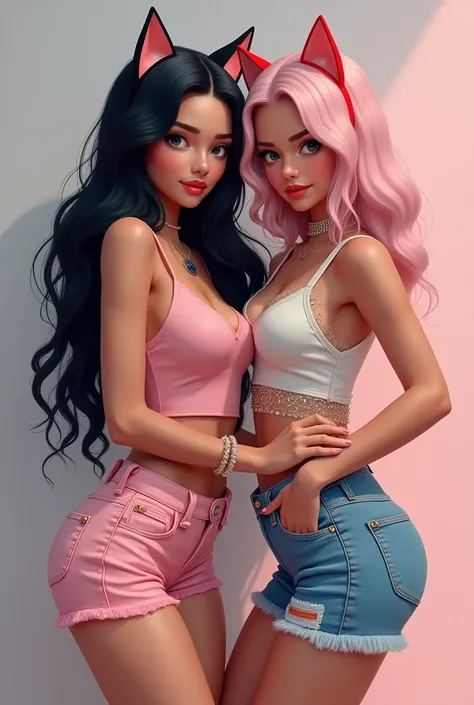 INSTAGRAM MODEL ,with long wavy black hair, With her friend, light short pink hair, full body view, sweet outfit, big boobs,  with cat ears ,  girls 