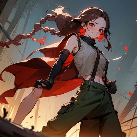 1female, sexy, young adult, finely detailed red eyes, wild long hair, braided hair, dark brown color hair, adventurer gear, suspenders, sleeveless crop top sweater, baggy combat pants, night time, dark forest, light smile, flowers, blushing, standing on pa...