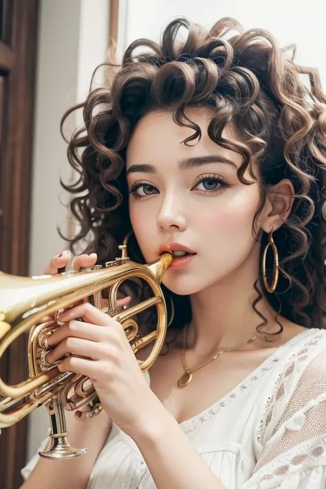 white woman with curly hair and brown eyes playing the trumpet