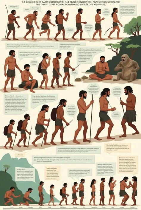 Top left: Images of Homo sapiens and Neanderthals, showing how they might have used basic gestures and sounds to communicate.
Top Right: Representations of people using gestures and signals to convey messages, like raised hands and hunting signs.
center: I...