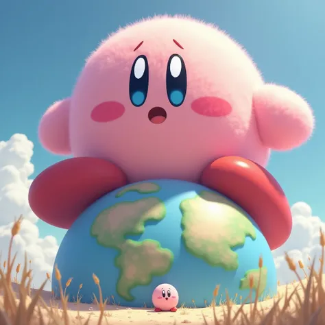  giantkirby，very giant giantkirby step on very very verylittle earth，4k，cute，Looking up perspective，