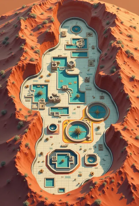 a map of a museum seen from above with interactive panels on the walls, where the theme is the possible trip to Mars. Make it in the style of an amusement park map