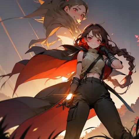 1female, sexy, young adult, finely detailed red eyes, wild long hair, braided hair, dark brown color hair, adventurer gear, suspenders, sleeveless crop top sweater, baggy combat pants, night time, dark forest, light smile, flowers, blushing, standing on pa...