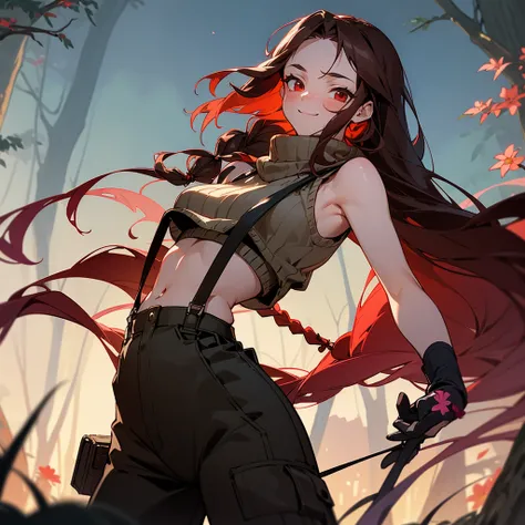 1female, sexy, young adult, finely detailed red eyes, wild long hair, braided hair, dark brown color hair, adventurer gear, suspenders, sleeveless crop top sweater, baggy combat pants, night time, dark forest, light smile, flowers, blushing, standing on pa...