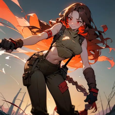 1female, sexy, young adult, finely detailed red eyes, wild long hair, braided hair, dark brown color hair, adventurer gear, suspenders, sleeveless crop top sweater, baggy combat pants, night time, dark forest, light smile, flowers, blushing, standing on pa...