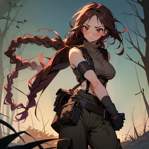 1female, sexy, young adult, finely detailed red eyes, wild long hair, braided hair, dark brown color hair, adventurer gear, suspenders, sleeveless crop top sweater, baggy combat pants, night time, dark forest, somber expression, flowers, blushing, standing...