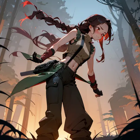 1female, sexy, young adult, finely detailed red eyes, wild long hair, braided hair, dark brown color hair, adventurer gear, suspenders, sleeveless crop top sweater, baggy combat pants, night time, dark forest, somber expression, flowers, blushing, standing...