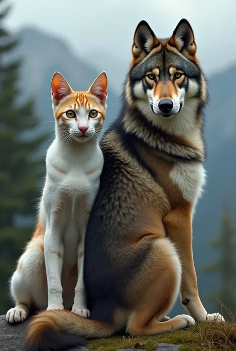 A photo of a cat and a wolf covering each other&#39;s backs