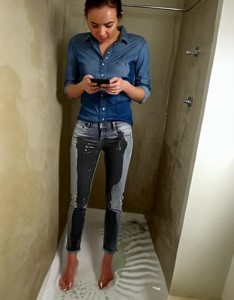 woman standing in a bathroom looking at her phone, standing in a pool of pee, pee in the bath, pee jeans, pee stain wet fabric ,...