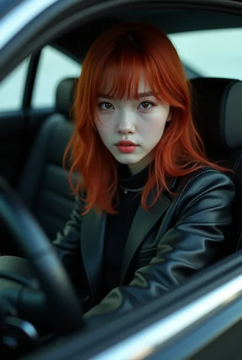 Redhead girl with Korean bangs inside a black BMW car