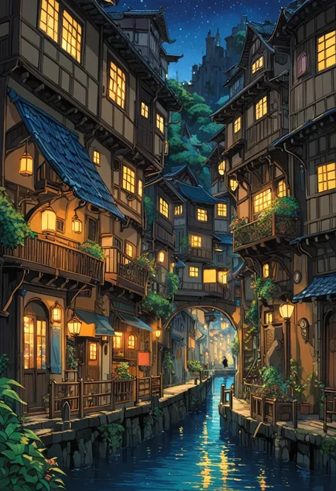 Studio Ghibli-style anime movies, Movie stills, Highest quality, masterpiece, Representative works, Official Art, Professional, Super intricate details, 8k, Fantasy,City of night