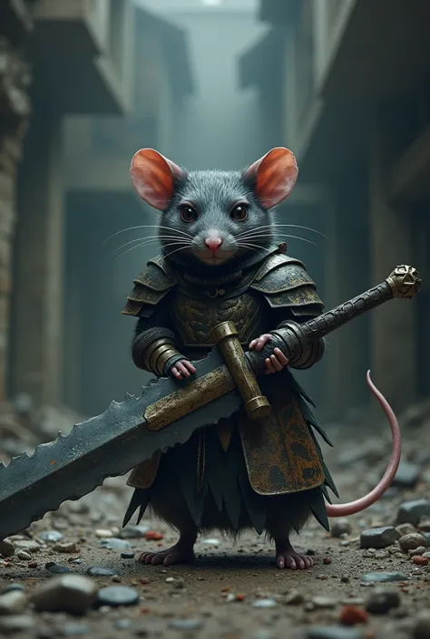 Guts from the anime "Berserk" transformed into a small rat with his berserker armor and great sword 