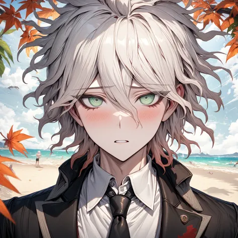 Ultra detailed, Highres, absurdres, HDR, master piece, Komaeda Nagito, white hair, expressive gray-green eyes, Danganronpa, sexy man sitting, solo, black jacket, black necktie, black pants, white shirt, glittering, sensual, fantasy, manly man, horny, beach...