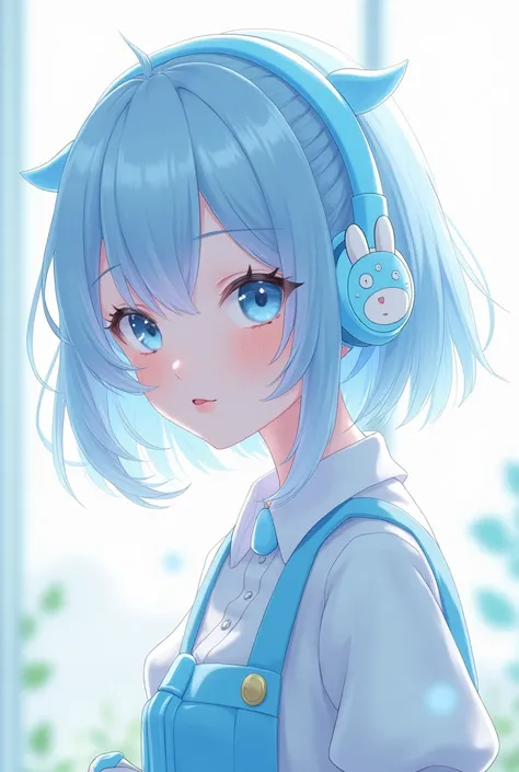 Female character,that she is an adult,that only the head is noticeable,with light blue hair, light blue and white shirt, with light blue skirt, sky blue and white socks, White skin, sky blue boots, cinamoroll sky blue headphones. 