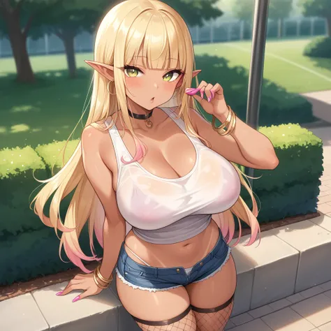 Elf, hime cut, long hair, K cup breast, thicc thigh, hourglass figure, tan, gyaru, white tank top, no bra, see through, micro denim shorts, fishnet stockings, park scene clear view