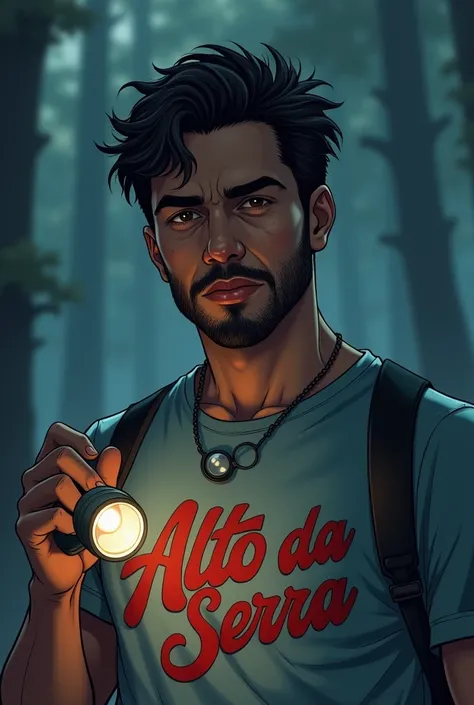 Mature 20 year old man with mysterious expression, black short hair, with medium black beard and brown eyes with glasses hanging on his shirt wearing a summer camp t-shirt that says Alto Da Serra in red and a flashlight in his hand, half dark academia, Est...