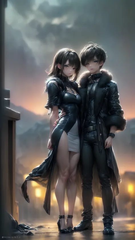 (a straight straight anime couple: 1.5, dark style, large eyes, small pieces, fluffy black fur:1.5), (dark gothic, victorian got...