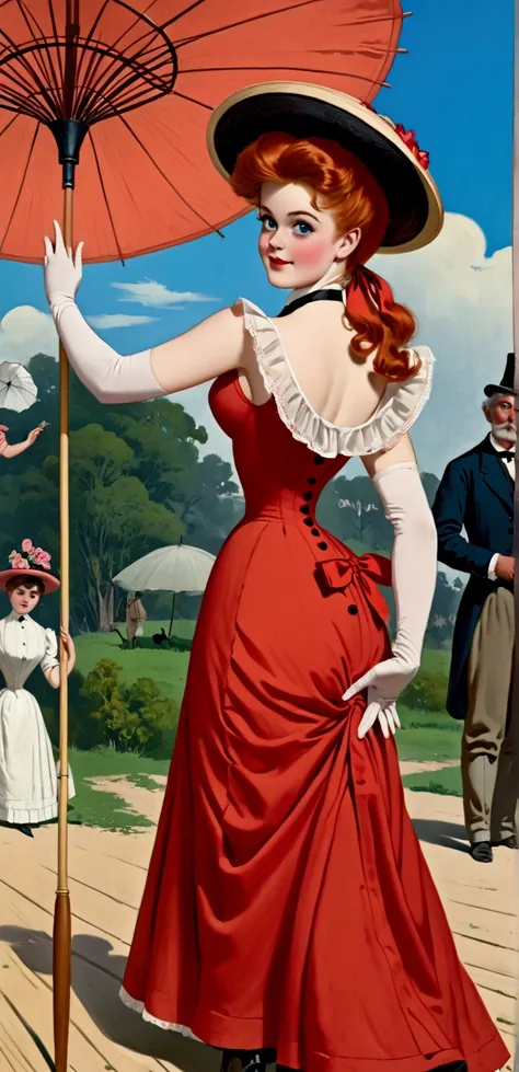 a sexy 12yo redhead girl flirting with a dirty 69yo gentleman, daintily standing on her parasol. year 1890. 1890_dr3ss. sleevele...