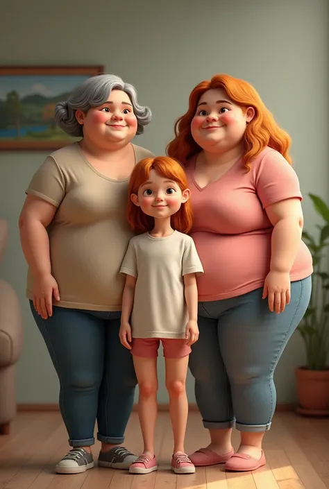 A picture of a chubby mother, 6 and 1.59 tall, with short hair, gray-haired and two adult daughters, a chubby girl, de 1,69 tall and 3, redhead and a 30 year old, blonde, with 1.74 tall, thin The daughters are adults, There is no child The red-haired daugh...