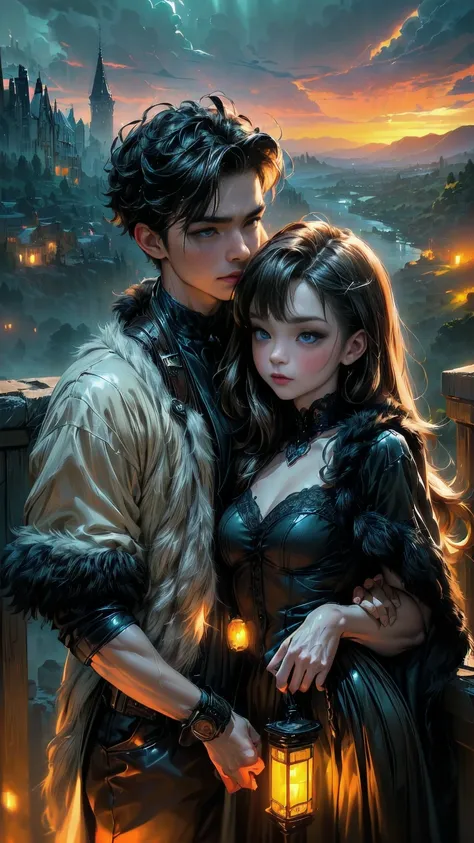 (a straight straight anime couple: 1.5, dark style, dark night, large eyes, small pieces, fluffy black fur:1.5), (dark gothic, v...