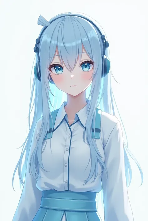 female character,that she is an adult,that only the head is noticeable,with long, light blue hair, light blue and white shirt, with light blue skirt, sky blue and white socks, White skin,blue eyes,sky blue boots, sky blue headphones. 