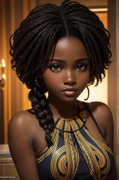 cute hair, African dark chocolate skin, teenager, beautiful face, deepest African ebony, showing big breasts, SFW, upper body focus, African bright hair  beauty 