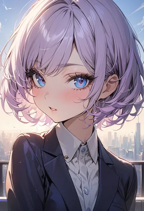 ((best quality)), ((Masterpiece)), (details), Young woman, alone, ( light purple hair, blue eyes, ((short hair)) , beautiful face, Beautiful skin, Long eyelashes, Thick eyelashes) , (blazer、skirt）、Sky City、