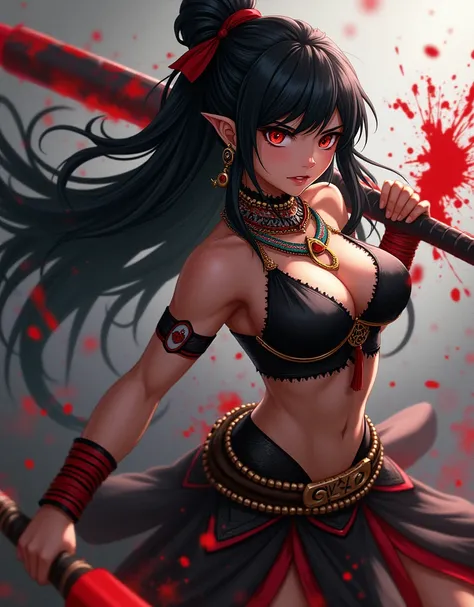 Create a anime style landscape image. Digital artwork featuring a fierce female warrior in a dynamic and intense pose. The subject has long, flowing black hair adorned with red and gold accessories, and her skin is a medium tone. Her facial expression is i...