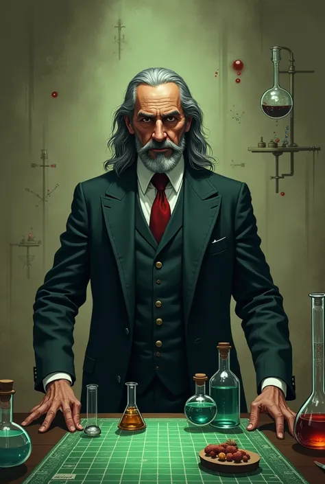 Avogadro Amedeo in board game style mafia with dark beige and green background with grey long hair with chemistry stuff around