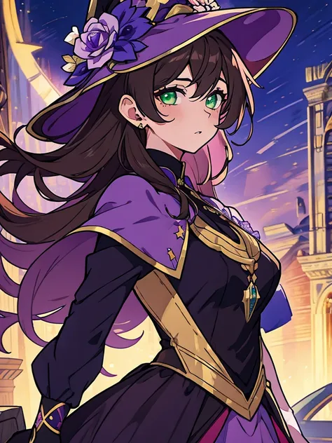 a beautiful girl, perfect face, arms at sides, masterpiece, ultra high res, high quality, 4k, upper body:1.5,  lisa (genshin impact), urple witch hat, green eyes, brown hair, (PureErosFace_V1:0.008), (european:1.6), bangs, dress, rose, jewelry, witch, cape...