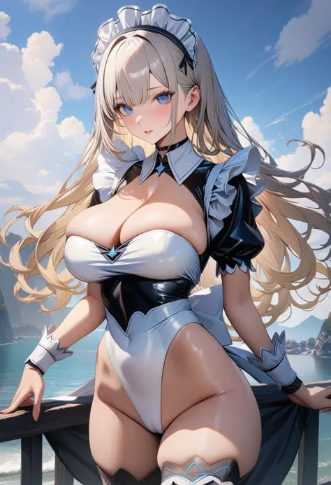 ((solo)), 1girl,((maid princess dress: 1.5)), ((skin-tight high leg groin area)), (Skin-tight white leotard), platinum blonde long wave hair, Huge breasts, Cleavage, perfect face, Perfect and beautiful blue eyes, curvy,(Cameltoe: 0.8) , Thigh-high boots, h...