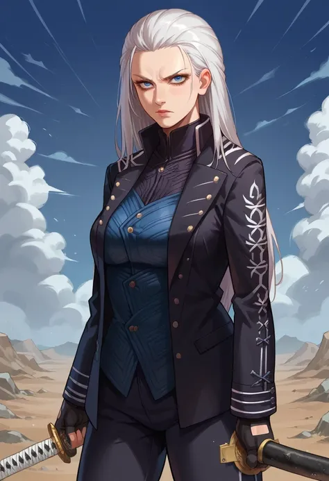 score_9, score_8_up, score_7_up, source_anime, 1girl, solo, female focus, dmc5vergil, white hair, long hair, medium breasts,blue eyes, black coat, fingerless gloves, pants, using katana blade, scabbard, standing, serious, looking at you, wasteland, gray la...